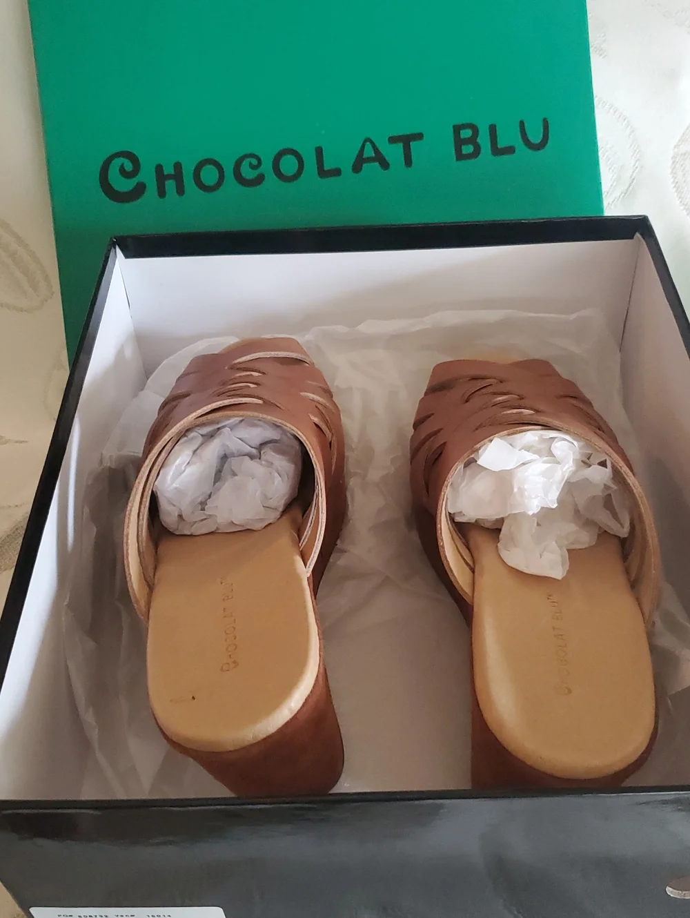 Woven Leather Wedge Slides in Brown